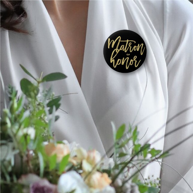 Matron Of Honor Gold Script Bridal Party Wedding 2 Inch Round Button ('Matron Of Honor' Gold Brush Script Calligraphy Bridal Party Wedding Pin Button @ fatfatin_blue_knot)