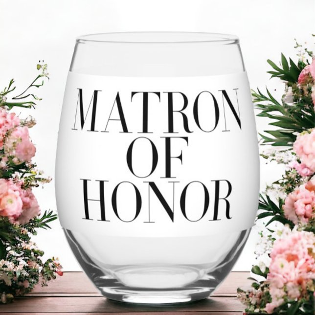Matron of Honour Black Modern Elegant Personalized Stemless Wine Glass (Creator Uploaded)