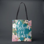 Matron of Honour Brushed Floral Wedding Party Tote Bag<br><div class="desc">Custom colour background and all over printing with painted floral edges. Matron of Honour in brush script on one side and name on the back. Customize to change the background colour (turquoise). Black looks amazing too. The gorgeous painted florals are by Create the Cut. Find them on Creative Market https://crmrkt.com/7WdAX,...</div>