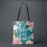 Matron of Honour Brushed Floral Wedding Party Tote Bag<br><div class="desc">Custom colour background and all over printing with painted floral edges. Matron of Honour in brush script on one side and name on the back. Customize to change the background colour (turquoise). Black looks amazing too. The gorgeous painted florals are by Create the Cut. Find them on Creative Market https://crmrkt.com/7WdAX,...</div>