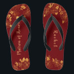 Matron of Honour Dark Burgundy Gold Foliage Patter Flip Flops<br><div class="desc">These gorgeous dark burgundy and gold foliage pattern matron of honour flip flops has a dark burgundy background that is adorned with an intricate gold floral greenery pattern and customizable modern typography. The combination of the rich burgundy and the shimmering gold create an elegant and luxurious aesthetic. It's a beautiful...</div>
