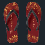 Matron of Honour Dark Burgundy Gold Foliage Patter Flip Flops<br><div class="desc">These gorgeous dark burgundy and gold foliage pattern matron of honour flip flops has a dark burgundy background that is adorned with an intricate gold floral greenery pattern and customizable modern typography. The combination of the rich burgundy and the shimmering gold create an elegant and luxurious aesthetic. It's a beautiful...</div>