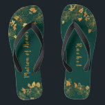 Matron of Honour Emerald Green & Gold Foliage  Flip Flops<br><div class="desc">These gorgeous emerald green and gold foliage matron of honour flip flops feature golden foliage pattern and modern typography on timeless dark green background. It's a beautiful gift for your bridal party. View the collection on this page to find matching items. ♥Customize it with your information. ♥ If you want...</div>