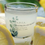 Matron of Honour Eucalyptus Greenery Wedding Custo Shot Glass<br><div class="desc">Personalized shot glass for you to customize with your Matron of Honour's name, the bride and groom's names and the wedding date. This delicate design has a sprig of eucalyptus leaves on a watercolor wash with watercolor greenery and foliage in shades of dusty blue grey and green. A natural, rustic...</div>