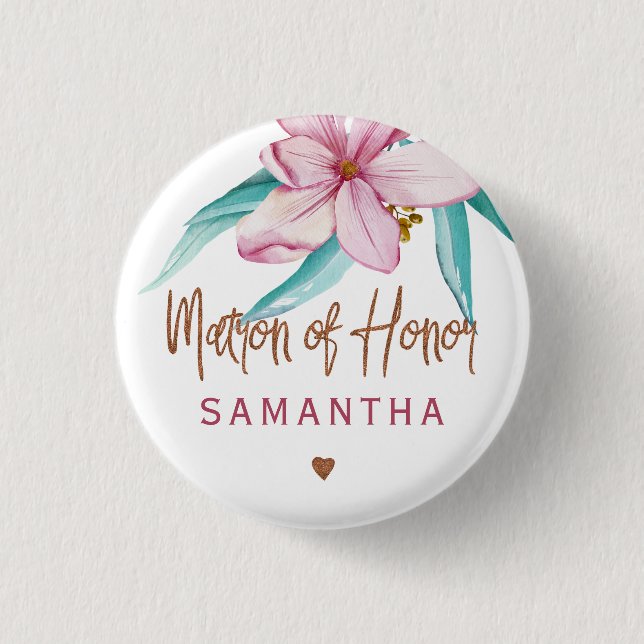 Matron of honour floral pink copper bridal shower 1 inch round button (Front)