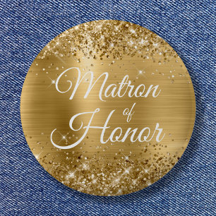 Matron of Honour Glittery Gold Foil 2 Inch Round Button
