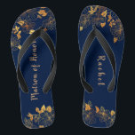 Matron of Honour Gold Foliage Pattern Navy Blue Flip Flops<br><div class="desc">These gorgeous gold foliage pattern navy blue matron of honour flip flops has a dark blue background that is adorned with an intricate gold floral greenery pattern and customizable modern typography. The combination of the rich navy and the shimmering gold create an elegant and luxurious aesthetic. It's a beautiful gift...</div>