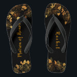 Matron of Honour Luxury Black Gold Foliage Pattern Flip Flops<br><div class="desc">These gorgeous black and gold foliage pattern matron of honour flip flops boasts a luxurious black and gold palette, with a stunning golden floral pattern and modern typography set against a black background, exuding elegance and sophistication. It's a beautiful gift for your bridal party. View the collection on this page...</div>