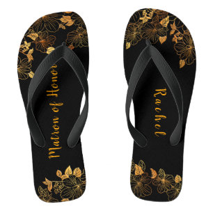 Matron of Honour Luxury Black Gold Foliage Pattern Flip Flops