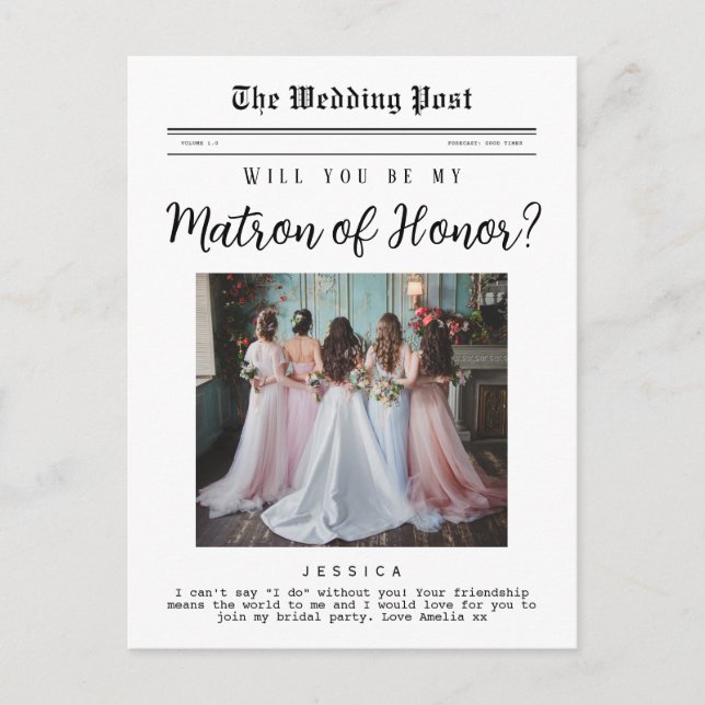 Matron of Honour proposal, Custom Newspaper  Postcard (Front)