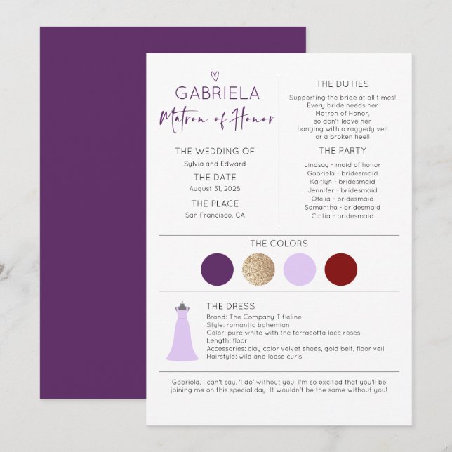 Matron of Honour Proposal & Information (Front/Back)