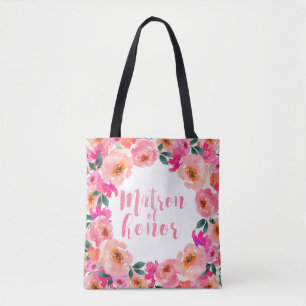 Matron of Honour Rustic Pink Watercolor Floral Tote Bag