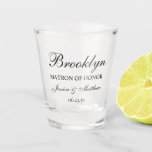 Matron of Honour Script Customized Shot Glass<br><div class="desc">This very classic and traditional shot glass with the word Matron of Honour (which is customizable for any wedding party member), the matron of honour's name in a lovely script font, the bride and groom's names, and their wedding date would be perfect for your most important bridesmaid. It'd be fabulous...</div>