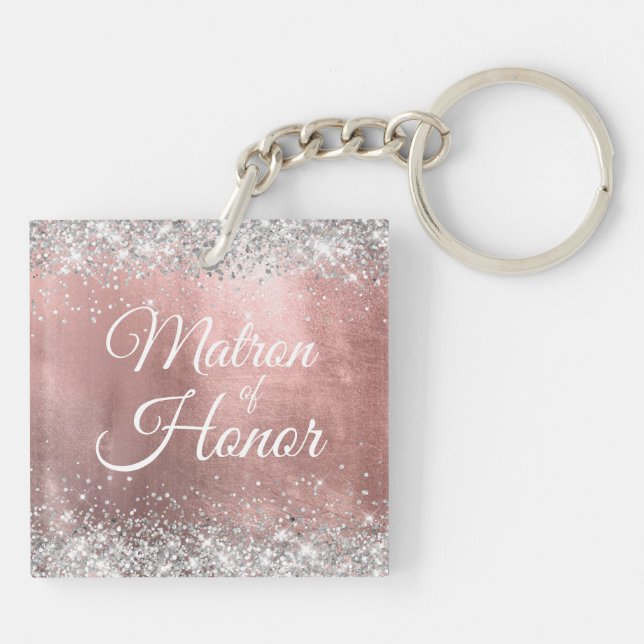 Matron of Honour Silver Glitter Rose Gold Foil Keychain (Back)