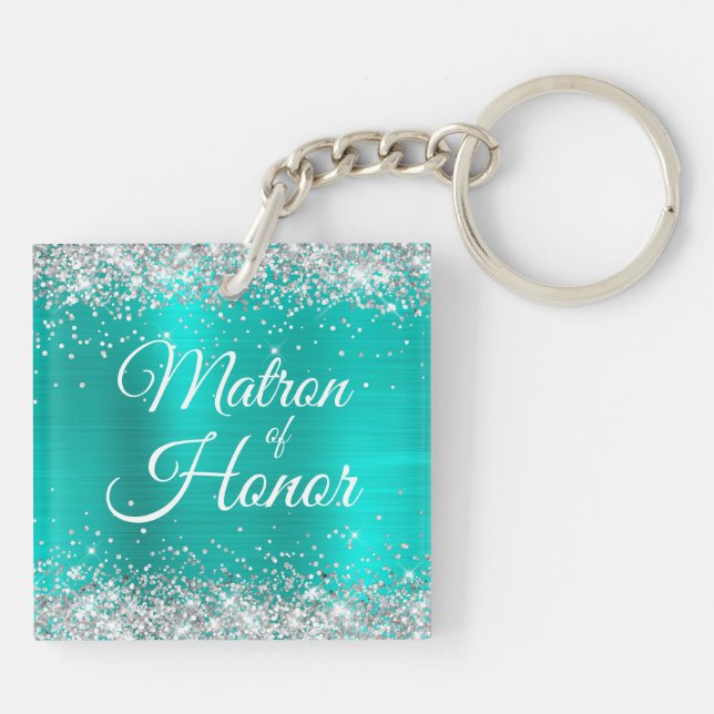 Matron of Honour Silver Glitter Turquoise Foil Keychain (Back)