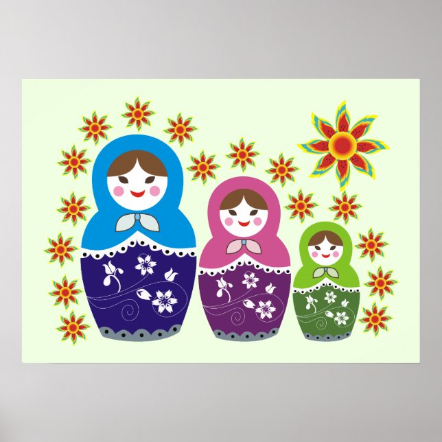 Matryoshka Russian dolls & sunflowers pale green Poster (Front)