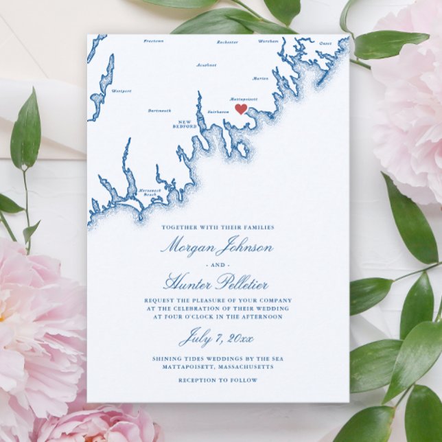 Mattapoisett MA Map Elegant Navy Blue Wedding Invitation (Mattapoisett Massachusetts Wedding Invitation in Elegant Navy Blue from Coastal Map Designs)