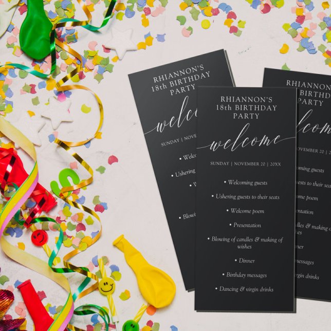 Matte Black Delicate Calligraphy Birthday Party Program (Creator Uploaded)