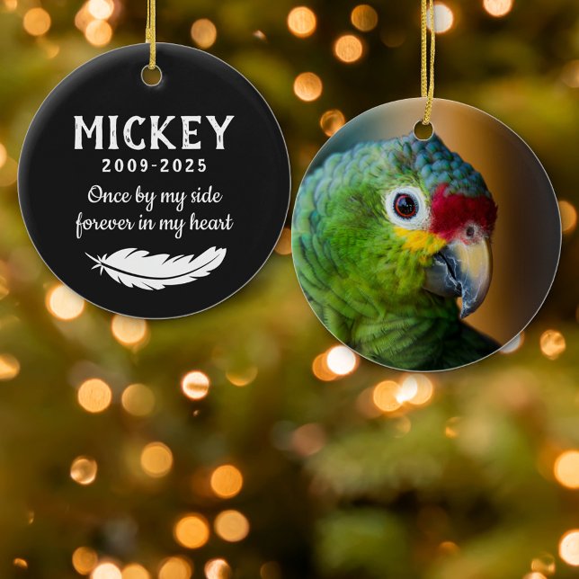 Matte Black Feather Photo Pet Bird Memorial Ceramic Ornament (Creator Uploaded)