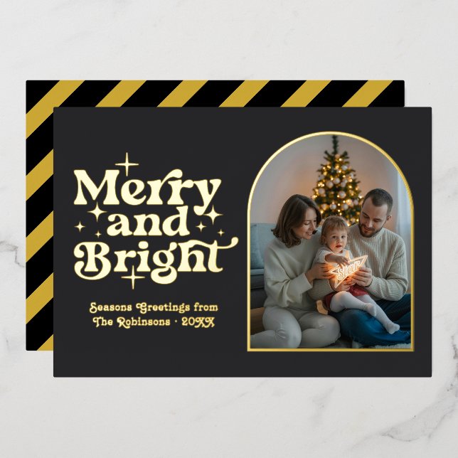 Matte Black & Gold Modern Retro Christmas Photo Foil Holiday Card (Front/Back)