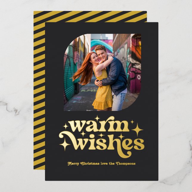 Matte Black & Gold Modern Retro Christmas Photo Foil Holiday Card (Front/Back)