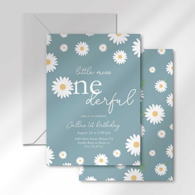 Matte Blue Daisy Little Miss Onederful Invitation (Creator Uploaded)