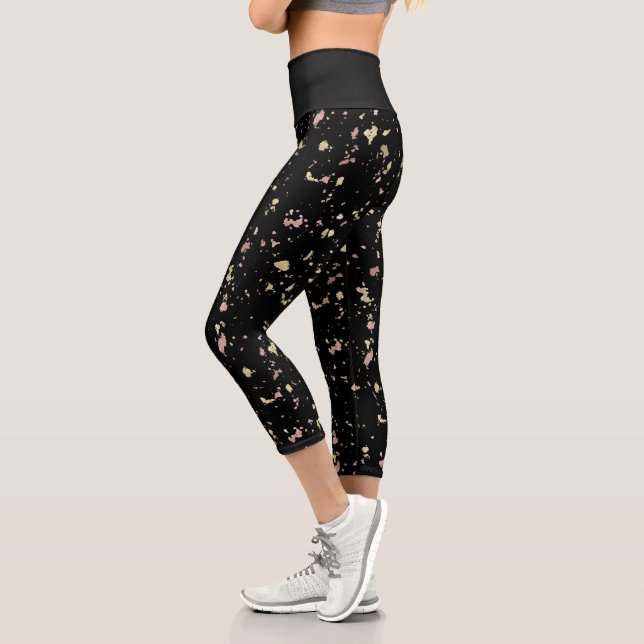 Matte Gold and Rose Gold Flakes Black Capri Leggings (Left)