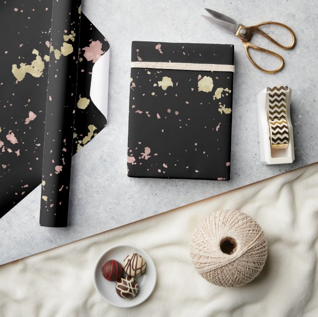 Matte Gold and Rose Gold Flakes Black Wrapping Paper (Crafts)
