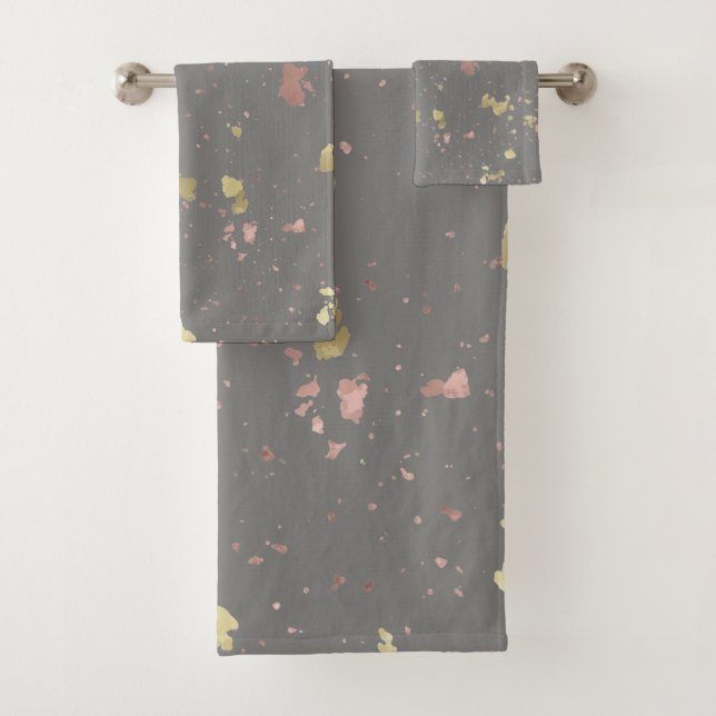 Matte Gold and Rose Gold Flakes Dark Warm Grey Bath Towel Set (Insitu)