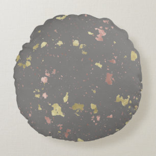 Matte Gold and Rose Gold Flakes Warm Dark Grey Round Pillow