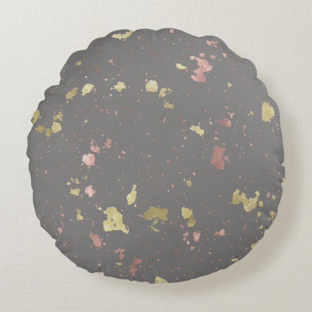 Matte Gold and Rose Gold Flakes Warm Dark Grey Round Pillow (Front)