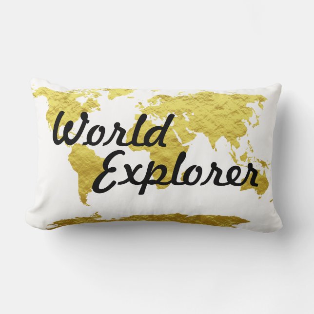 Matte Gold Look World Explorer World Map Lumbar Pillow (Front)