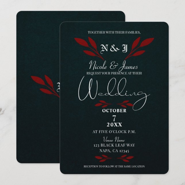 Matte Red Leaves Black Modern Glam Gothic Wedding Invitation (Front/Back)