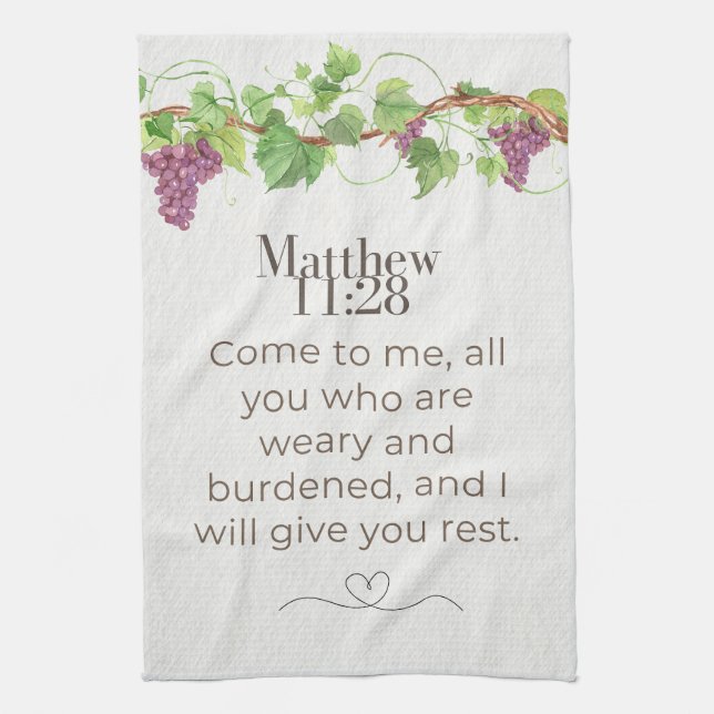 Matthew 11:28 Come to Me Scripture | Grapevine Kitchen Towel (Vertical)