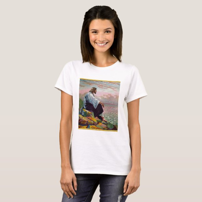 Matthew 14:22-23 Jesus Prays by Himself by the sea T-Shirt (Front Full)