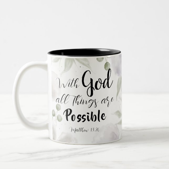 Matthew 19:26 Modern Black Pink Green Floral Two-Tone Coffee Mug (Left)