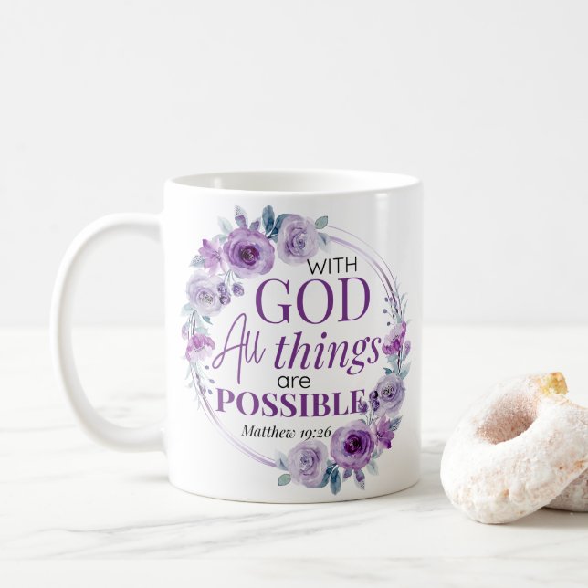 Matthew 19:26 Possible with God Purple Floral Coffee Mug (With Donut)