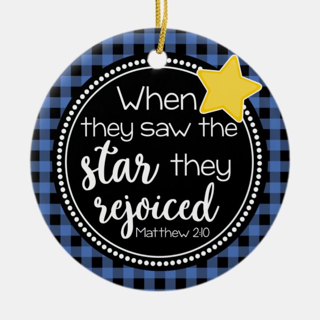 Matthew 2:10 Star Rejoiced Religious Plaid Ceramic Ornament (Front)