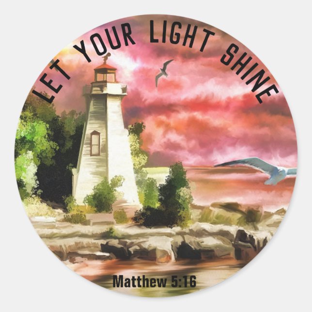 Matthew 5:16 Lighthouse Let Your Light Shine Classic Round Sticker (Front)