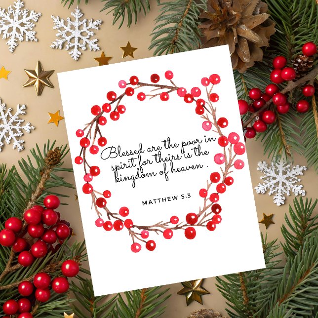 Matthew 5:3 Scripture Christmas Greeting Card (Christmas greeting card with red berry wreath and Matthew 5:3 Bible verse on beige festive backgroun)