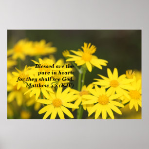 Matthew 5:8 Biblical Verse with Golden Flowers Poster