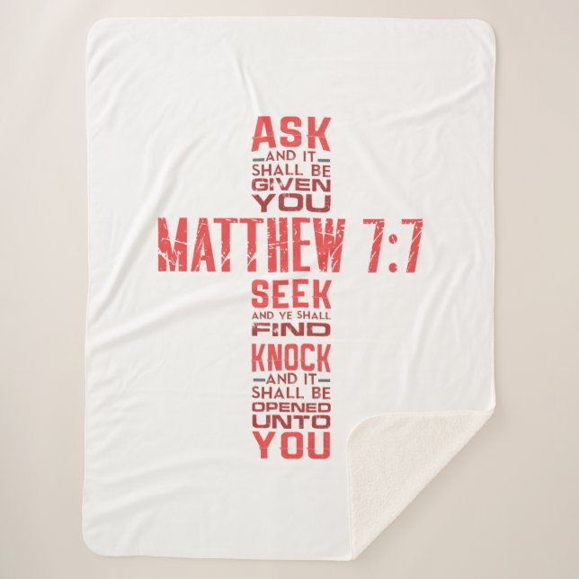 Matthew 7:7 Bible Verse Cross Sherpa Blanket (Front)