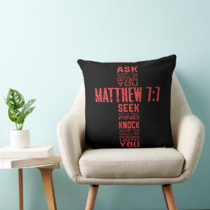 Matthew 7:7 Bible Verse Cross Throw Pillow