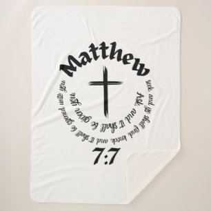 Matthew 7:7 Circular Bible Verse And Centre Cross Sherpa Blanket