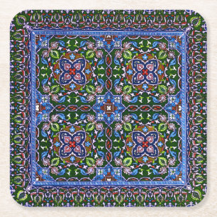 Matthew Digby Wyatt Textile Design in Green Blue Square Paper Coaster