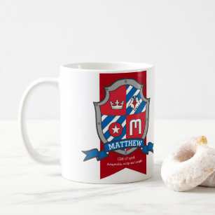 Matthew letter M heraldry red blue name meaning Coffee Mug