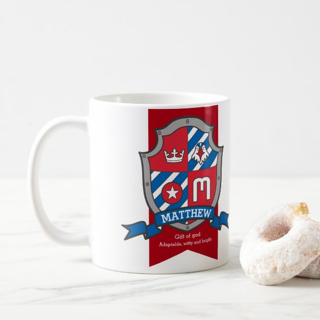 Matthew letter M heraldry red blue name meaning Coffee Mug (With Donut)