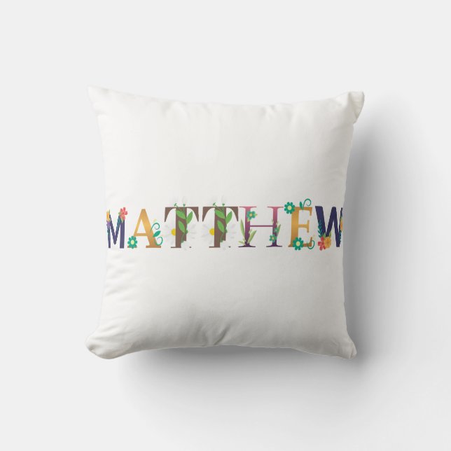 MATTHEW Name Art With Flowers Embroidered Throw Pillow (Front)