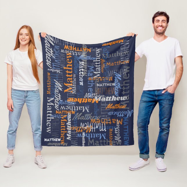 Matthew personalized name orange blue grey blanket (In Situ)