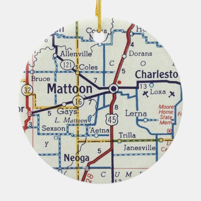 Mattoon IL Vintage Map Ceramic Ornament (Back)